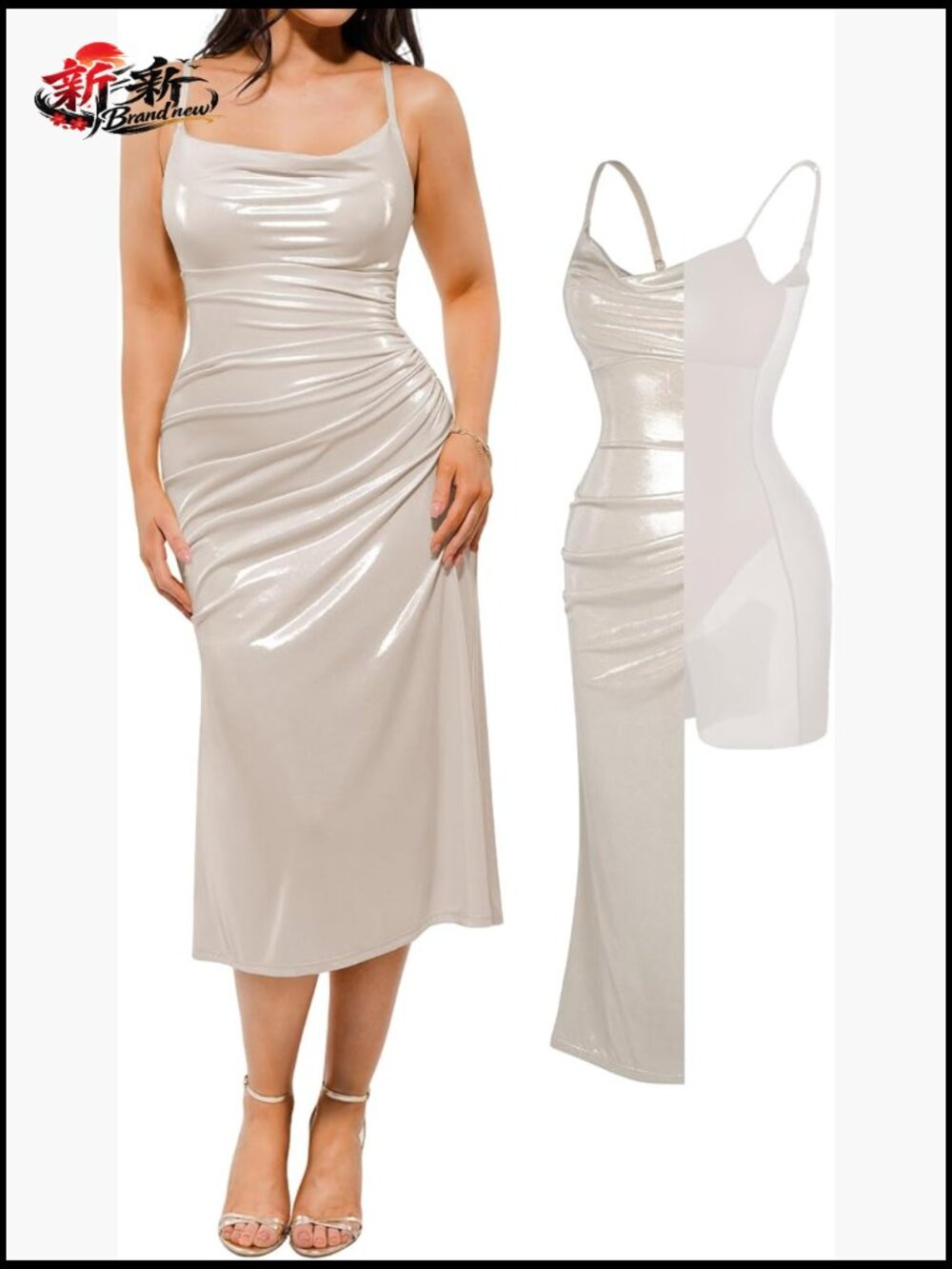 Cowl Neck Ruched Midi Dress Built-in Bra Shapewear Formal Sparkly